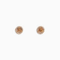 The 14K Rose Gold Brown and White Diamond Stud Earrings feature a central brown and white diamond, surrounded by a halo of clear stones, set in rose gold on a white background.