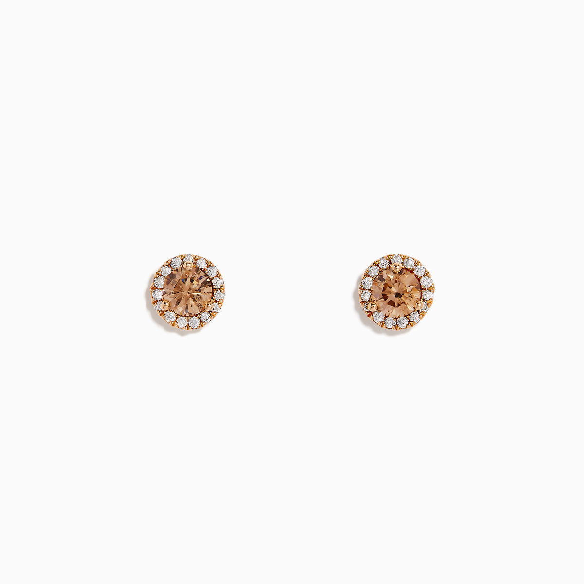 The 14K Rose Gold Brown and White Diamond Stud Earrings feature a central brown and white diamond, surrounded by a halo of clear stones, set in rose gold on a white background.