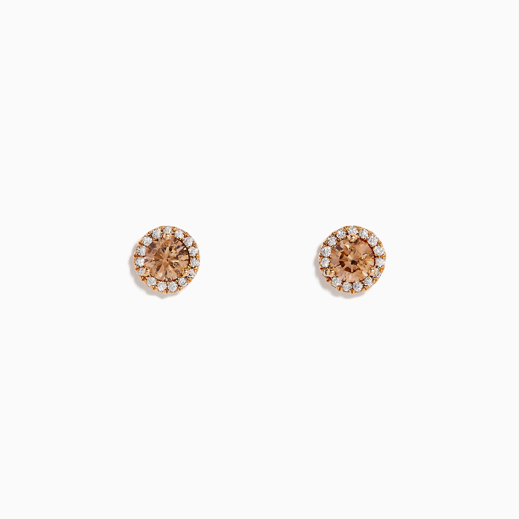 The 14K Rose Gold Brown and White Diamond Stud Earrings feature a central brown and white diamond, surrounded by a halo of clear stones, set in rose gold on a white background.