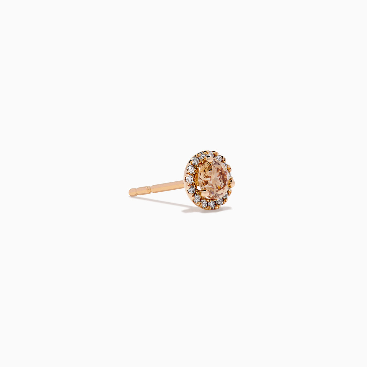 The 14K Rose Gold Brown and White Diamond Stud Earrings feature a central brown and white diamond, surrounded by a halo of clear stones, set in rose gold on a white background.