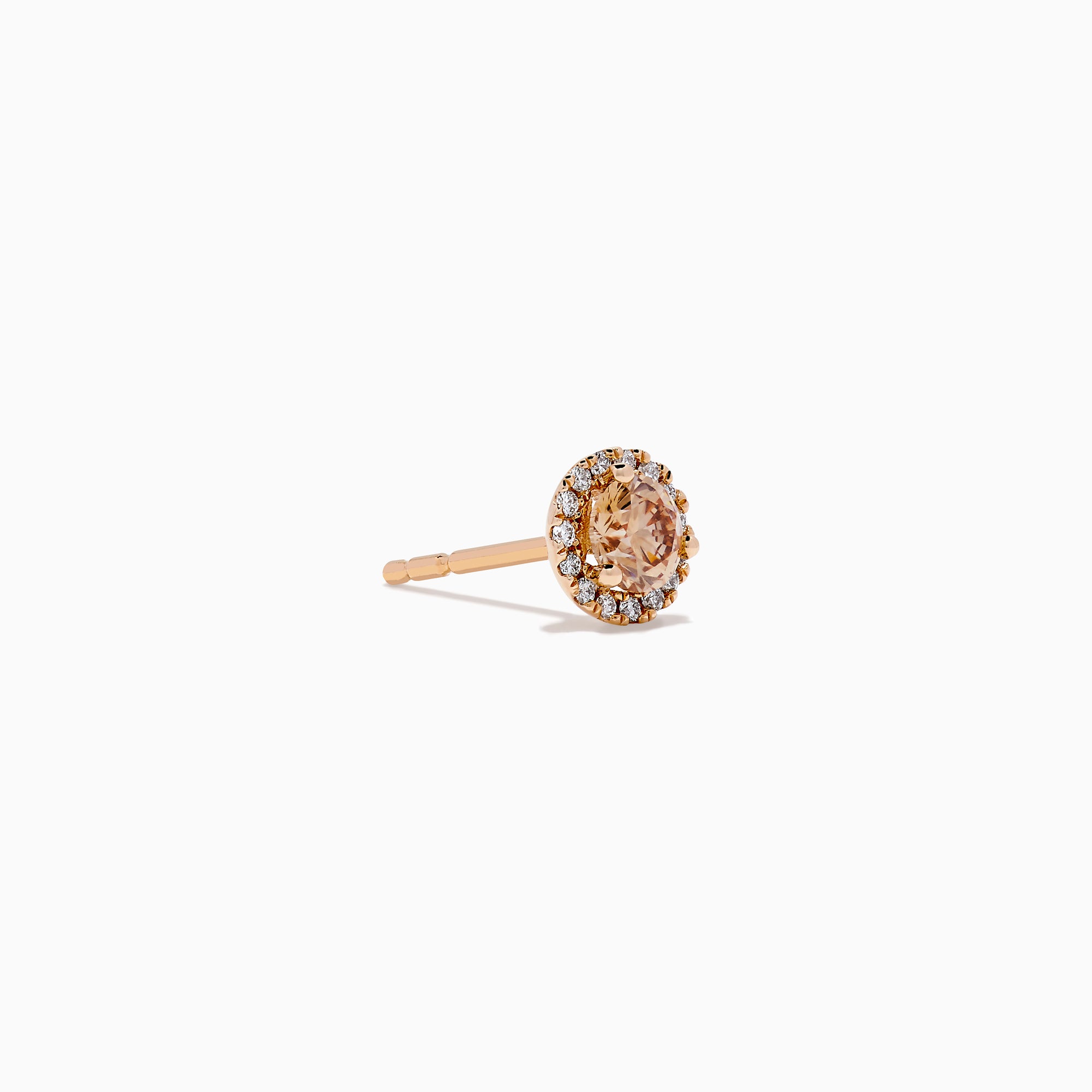 The 14K Rose Gold Brown and White Diamond Stud Earrings feature a central brown and white diamond, surrounded by a halo of clear stones, set in rose gold on a white background.