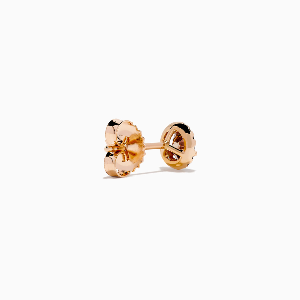 The 14K Rose Gold Brown and White Diamond Stud Earrings feature a central brown and white diamond, surrounded by a halo of clear stones, set in rose gold on a white background.