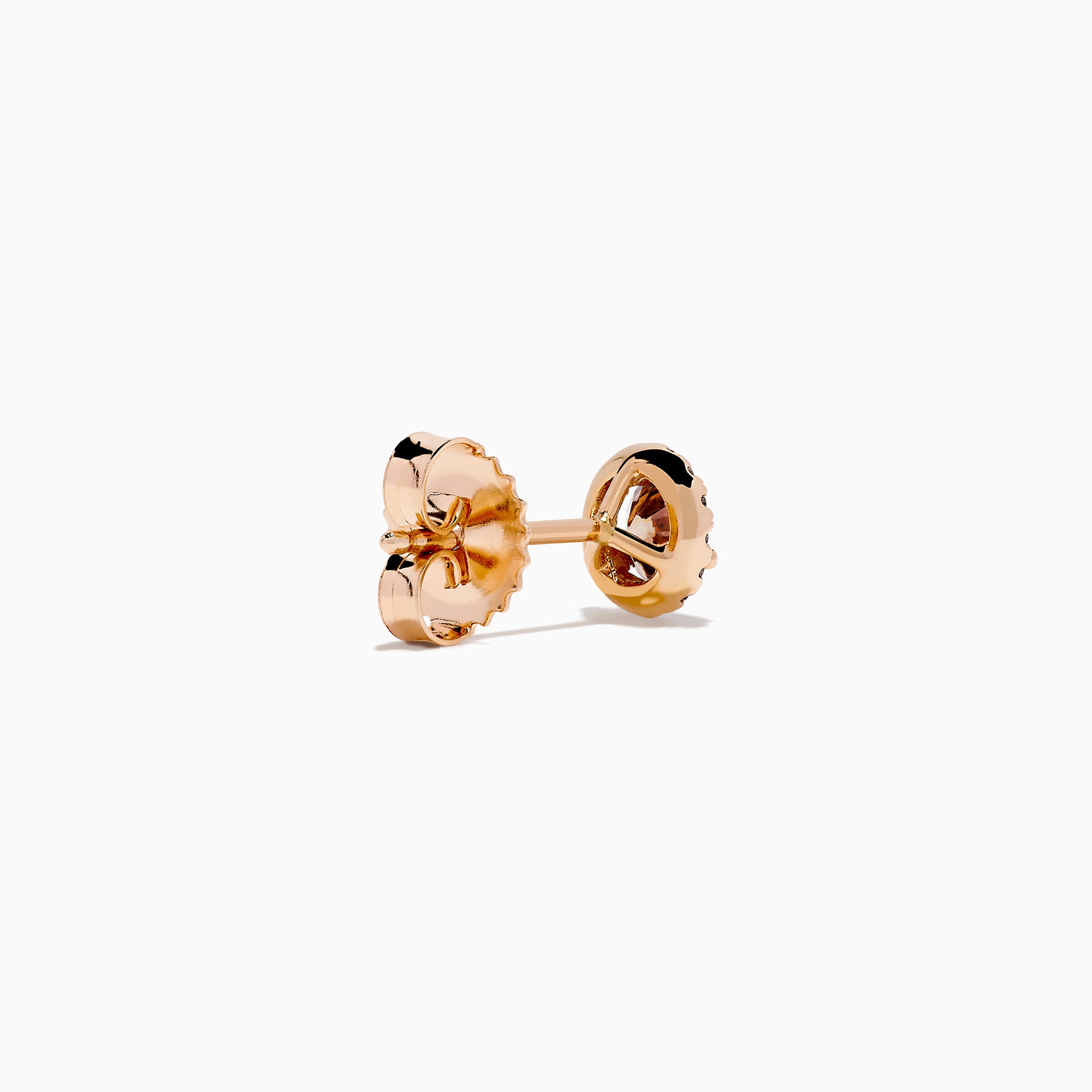 The 14K Rose Gold Brown and White Diamond Stud Earrings feature a central brown and white diamond, surrounded by a halo of clear stones, set in rose gold on a white background.