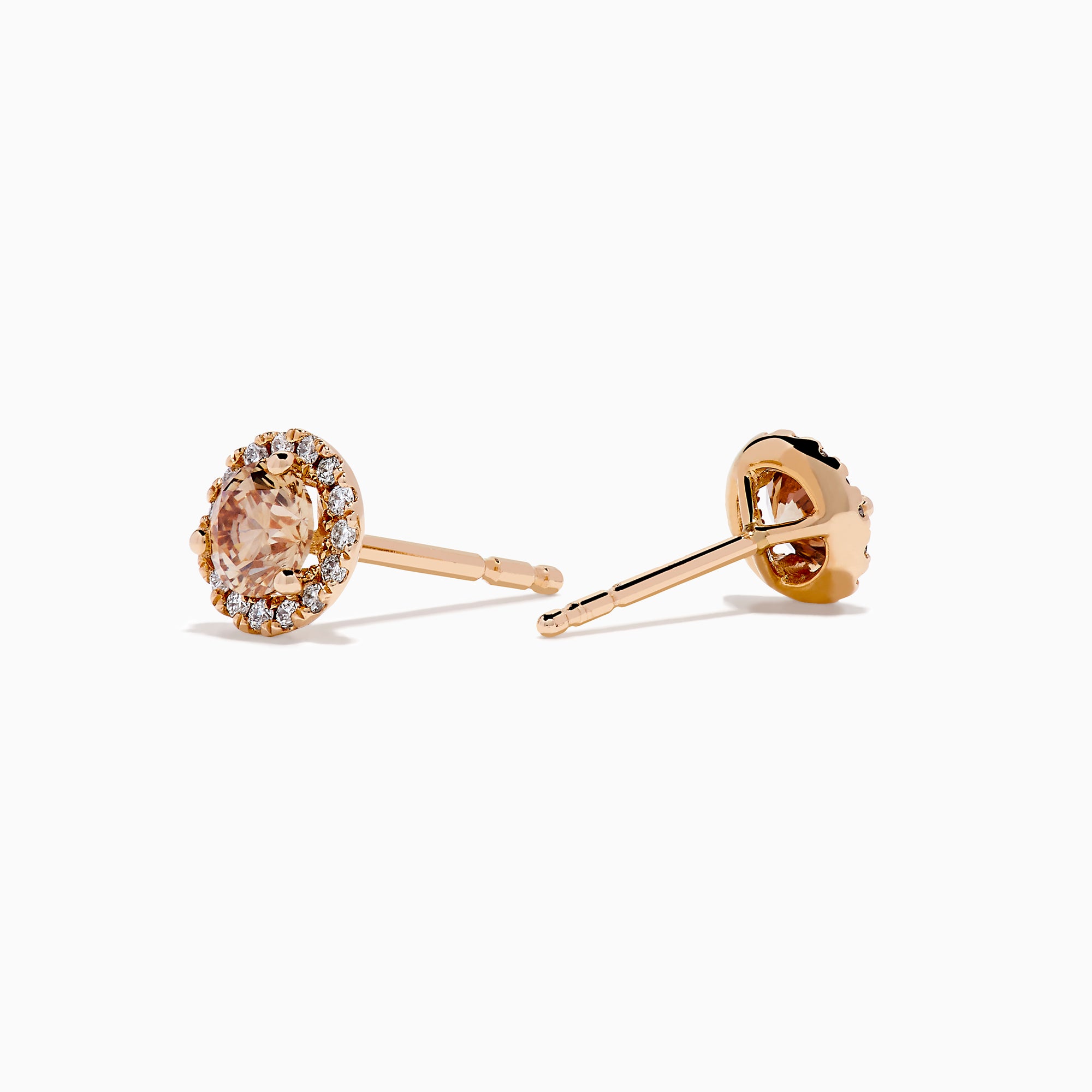 14K Rose Gold Brown and White Diamond Stud Earrings with a central round brown diamond, haloed by smaller white diamonds, displayed on a white background.