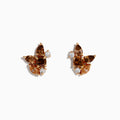 Espresso 14K Rose Gold Brown and White Stud Earrings featuring clusters of brown and clear gemstones in a floral pattern, set against a white background.