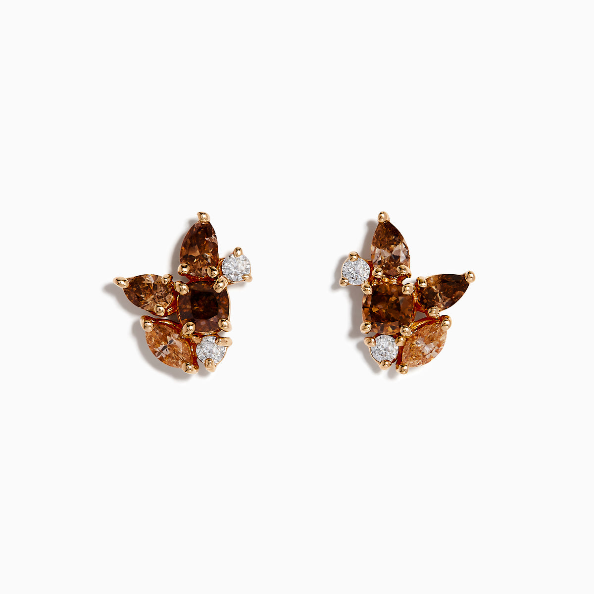 Espresso 14K Rose Gold Brown and White Stud Earrings featuring clusters of brown and clear gemstones in a floral pattern, set against a white background.