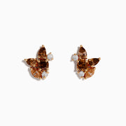 Espresso 14K Rose Gold Brown and White Stud Earrings featuring clusters of brown and clear gemstones in a floral pattern, set against a white background.
