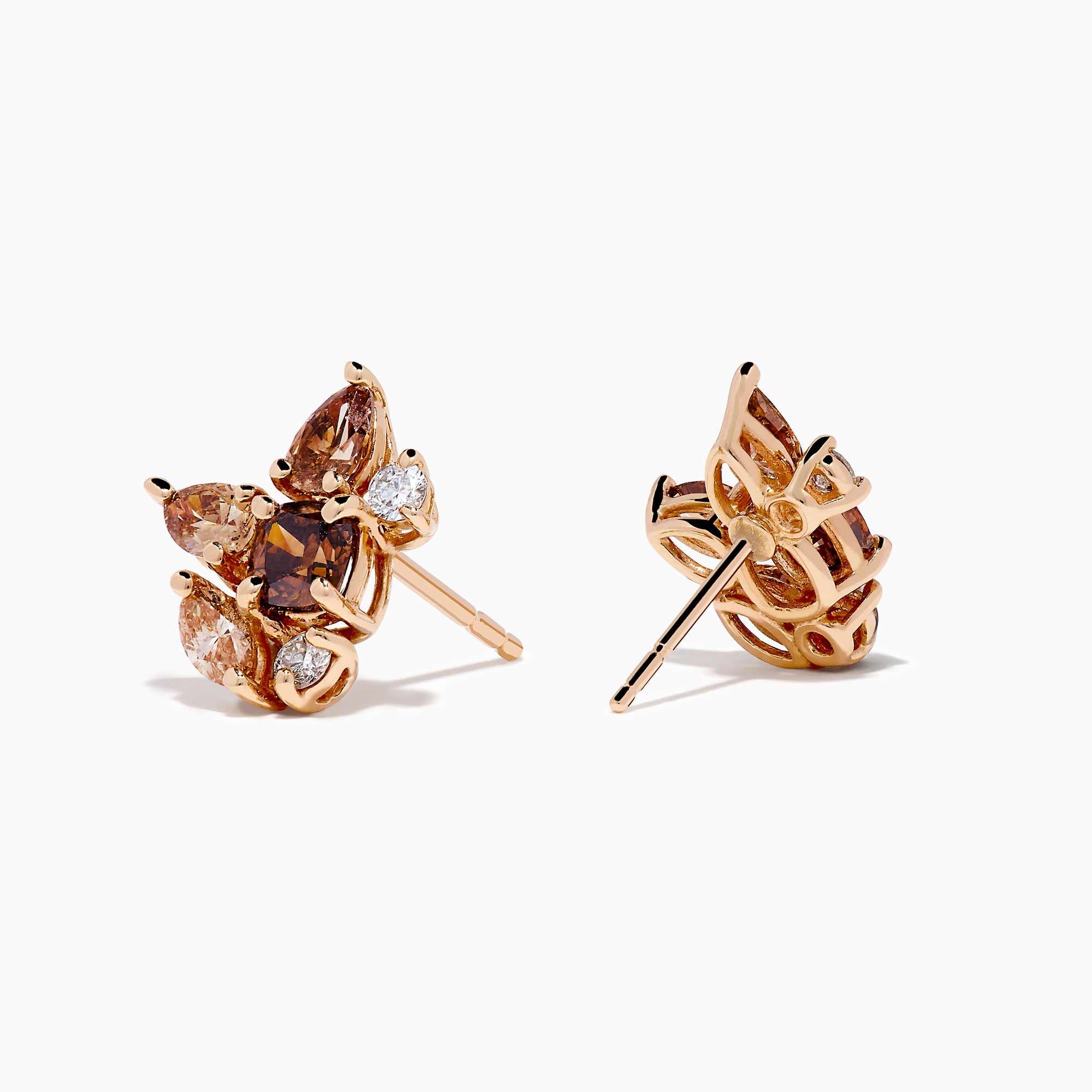 Espresso 14K Rose Gold Brown and White Stud Earrings featuring clusters of brown and clear gemstones in a floral pattern, set against a white background.