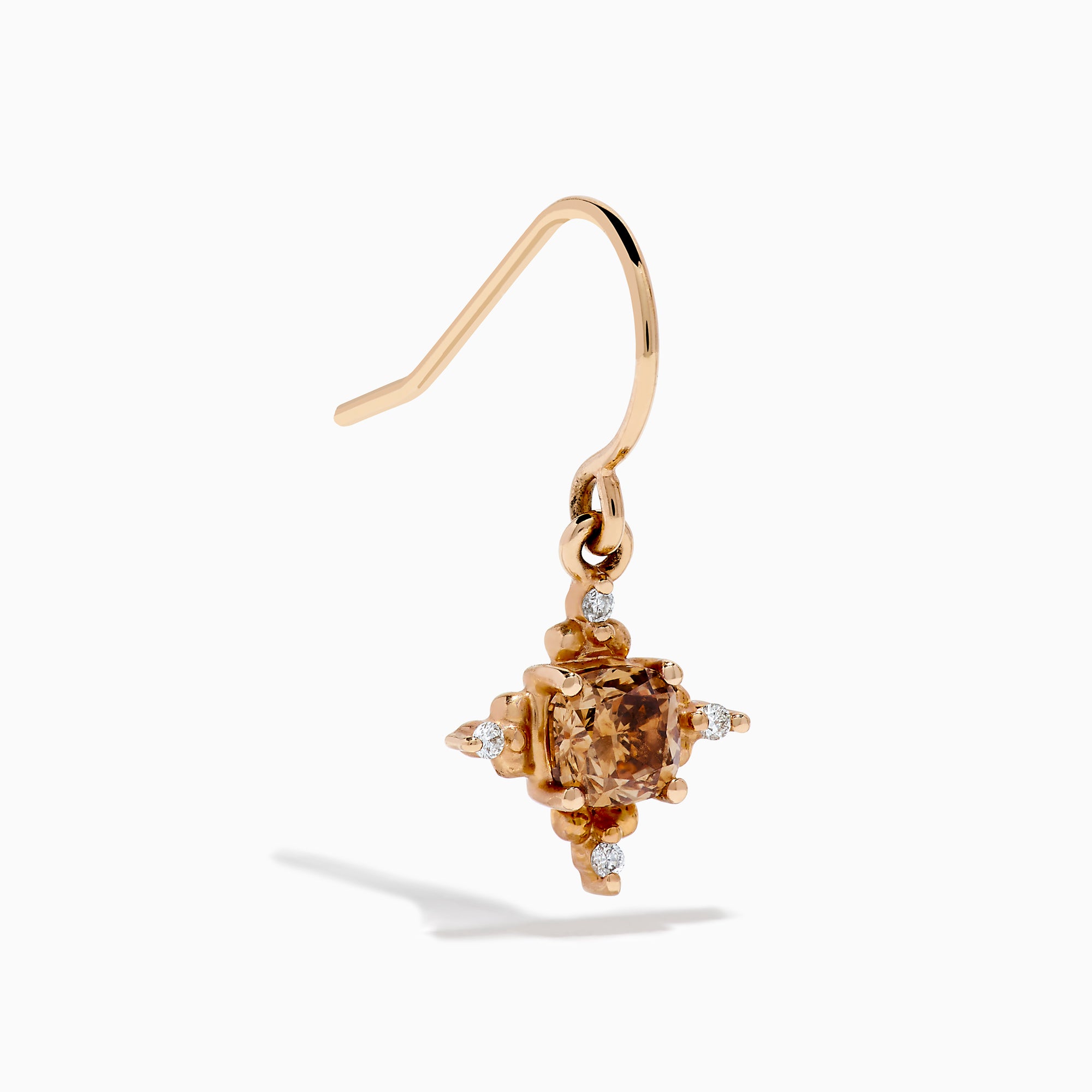 The 14K Rose Gold Brown and White Diamond Dangle Earrings feature a central brown diamond surrounded by white diamonds, each earring hanging from a simple rose gold hook.