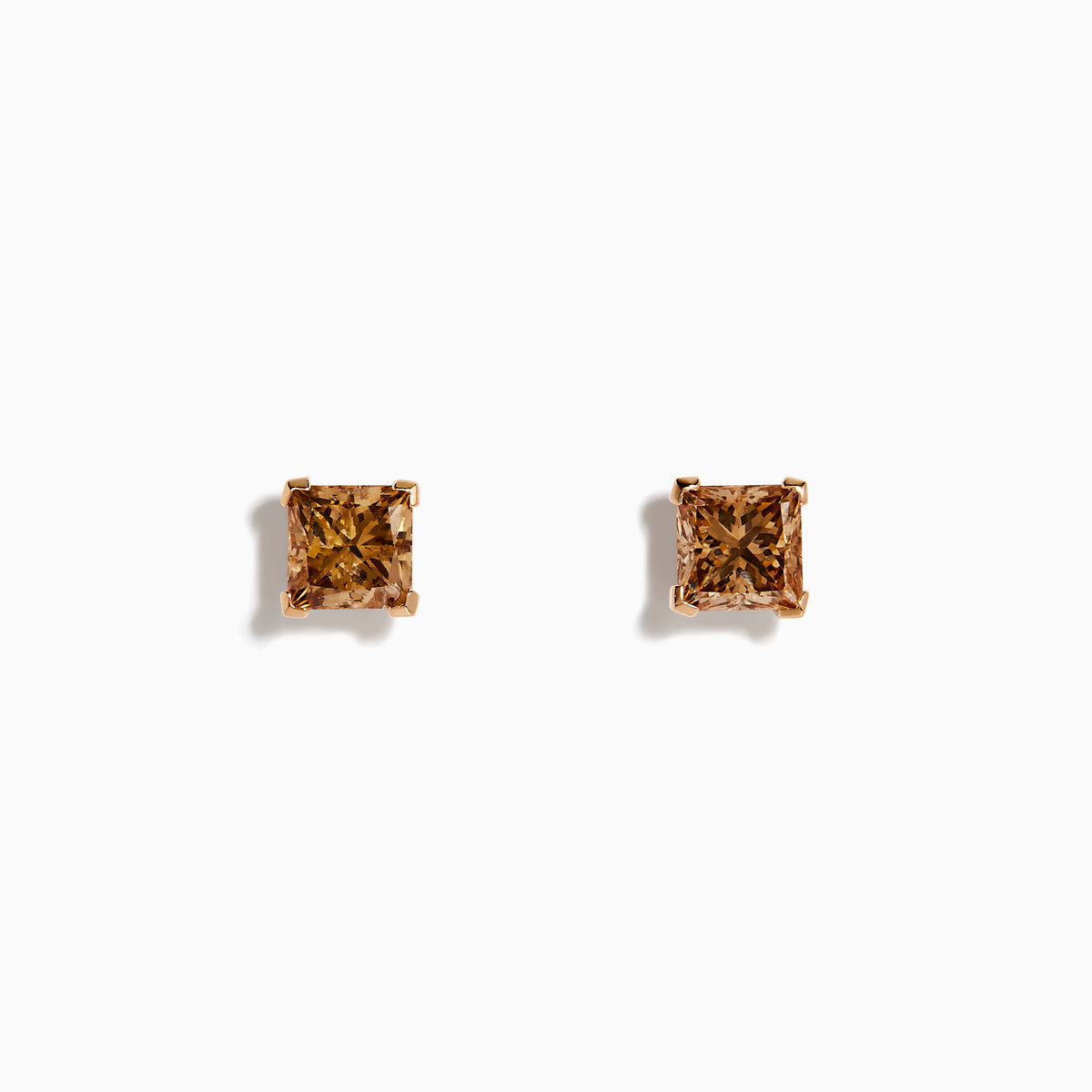 A pair of 14K Rose Gold Brown Square Cut Diamond Stud Earrings displayed on a plain white background.