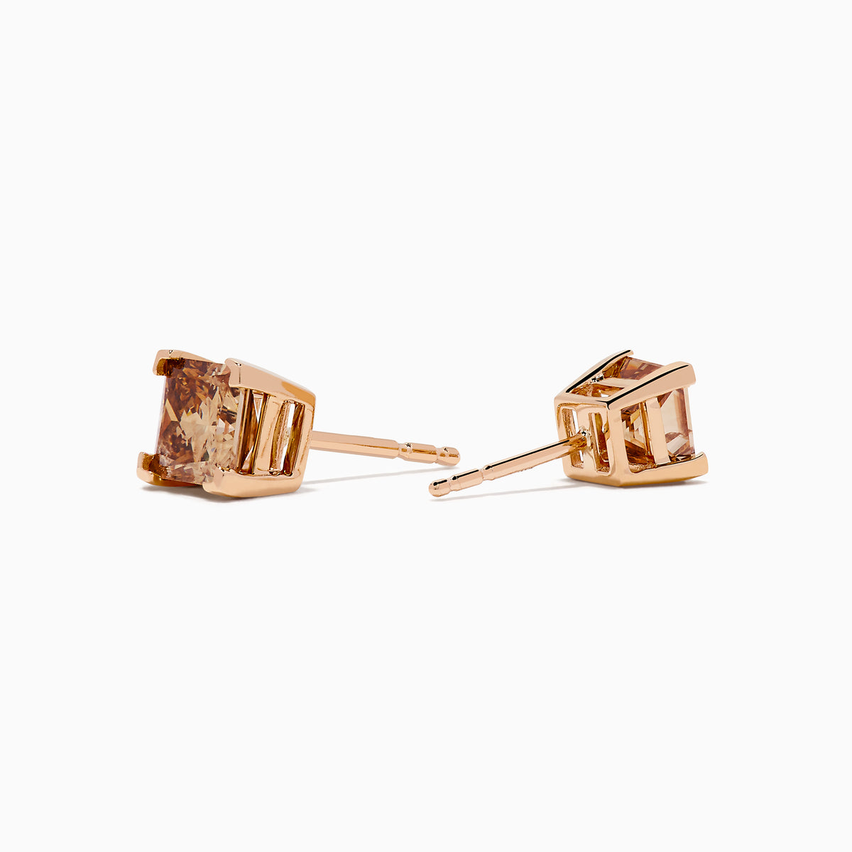 A pair of 14K Rose Gold Brown Square Cut Diamond Stud Earrings displayed on a plain white background.