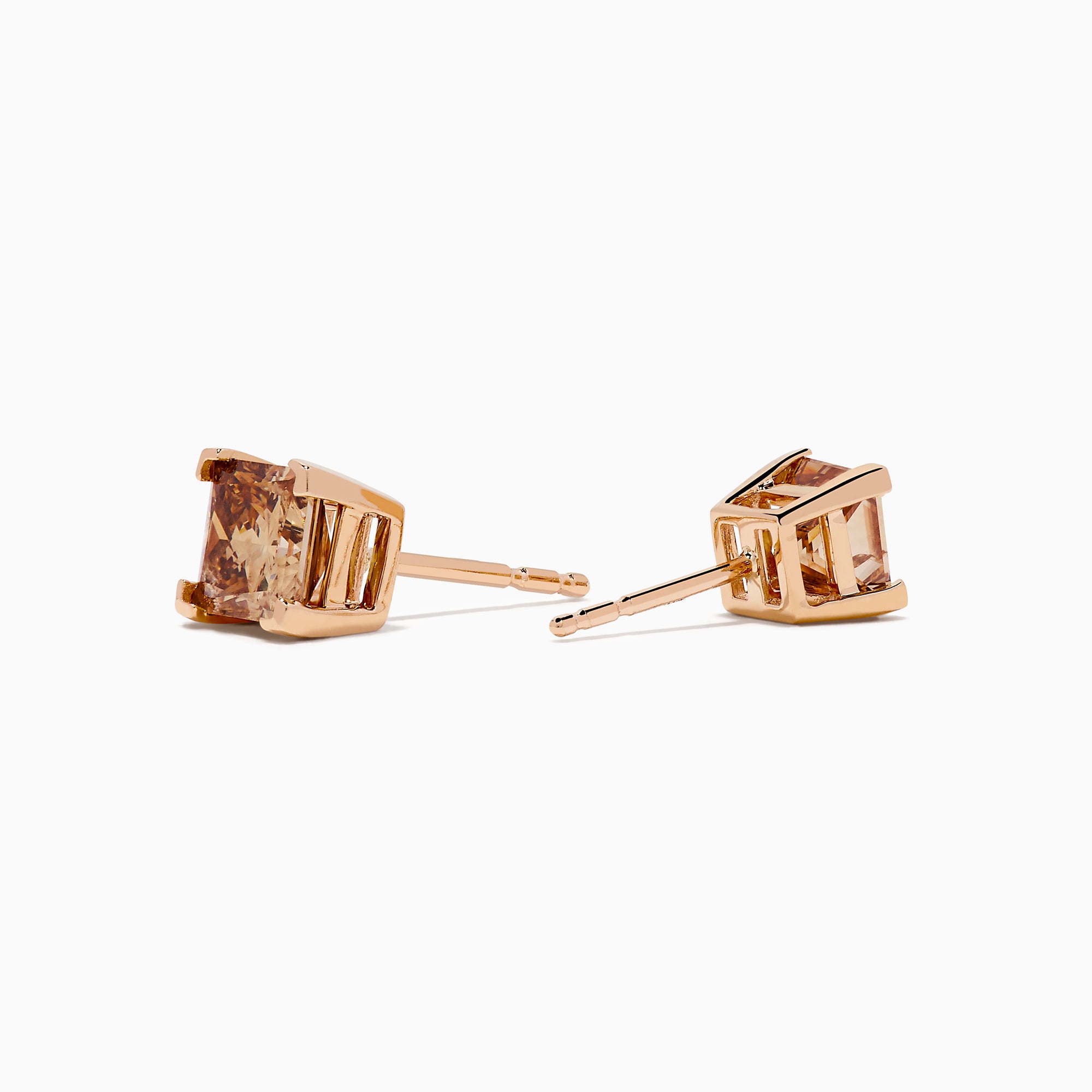 A pair of 14K Rose Gold Brown Square Cut Diamond Stud Earrings displayed on a plain white background.