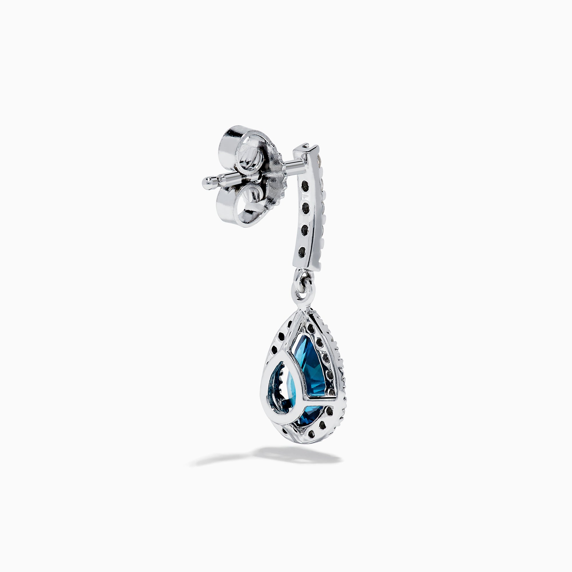 The Bella Bleu 14K White Gold Blue and White Diamond Earrings feature elegant teardrop-shaped blue stones, accented with white diamonds and additional details along the hooks, set in white gold-colored metal.