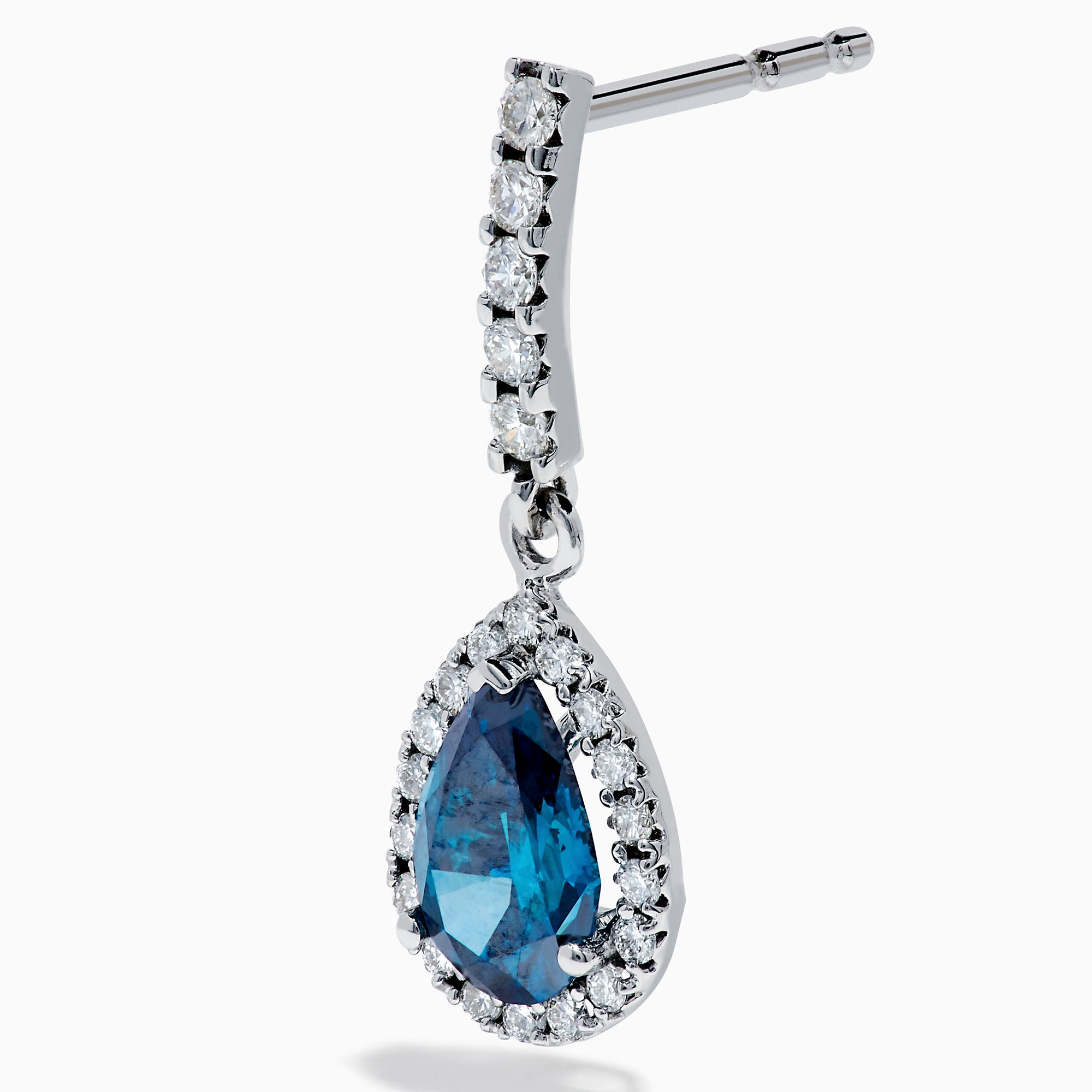 The Bella Bleu 14K White Gold Blue and White Diamond Earrings feature elegant teardrop-shaped blue stones, accented with white diamonds and additional details along the hooks, set in white gold-colored metal.