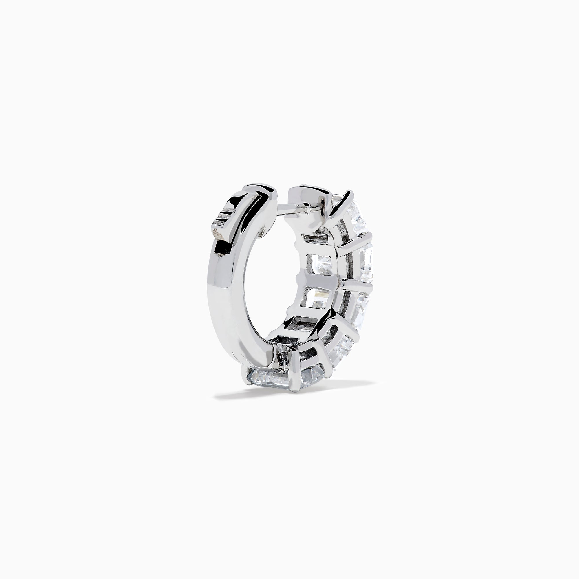 A pair of Lab Grown Emerald Cut Diamond Huggie Earrings in 14K white gold, each featuring three vertically-set rectangular clear stones, is displayed against a plain white background.
