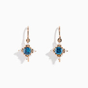 The Bella Bleu 14K Rose Gold Blue and White Diamond Earrings feature round blue gemstones at the center, accented by small white diamonds and gold detailing, beautifully showcased against a white background.