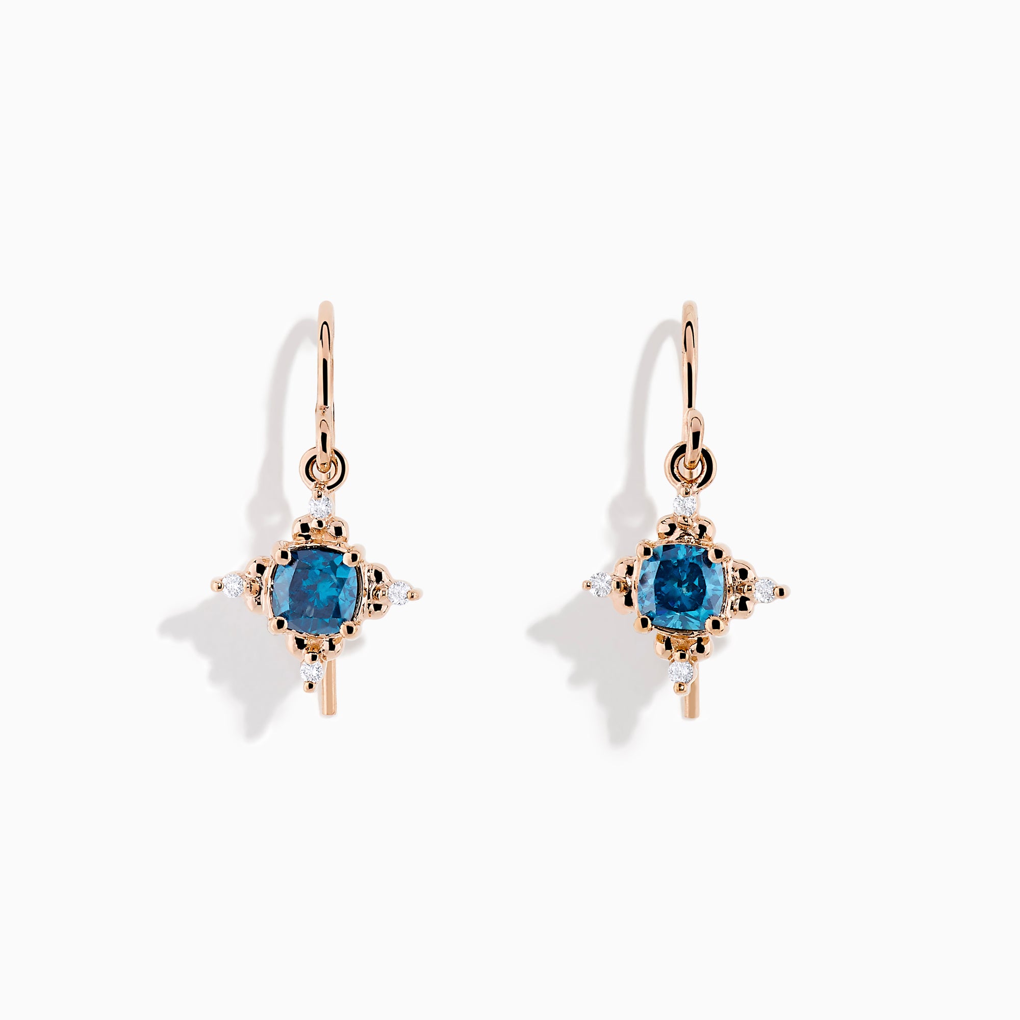 The Bella Bleu 14K Rose Gold Blue and White Diamond Earrings feature round blue gemstones at the center, accented by small white diamonds and gold detailing, beautifully showcased against a white background.