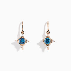 The Bella Bleu 14K Rose Gold Blue and White Diamond Earrings feature round blue gemstones at the center, accented by small white diamonds and gold detailing, beautifully showcased against a white background.