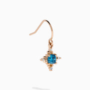 The Bella Bleu 14K Rose Gold Blue and White Diamond Earrings feature round blue gemstones at the center, accented by small white diamonds and gold detailing, beautifully showcased against a white background.