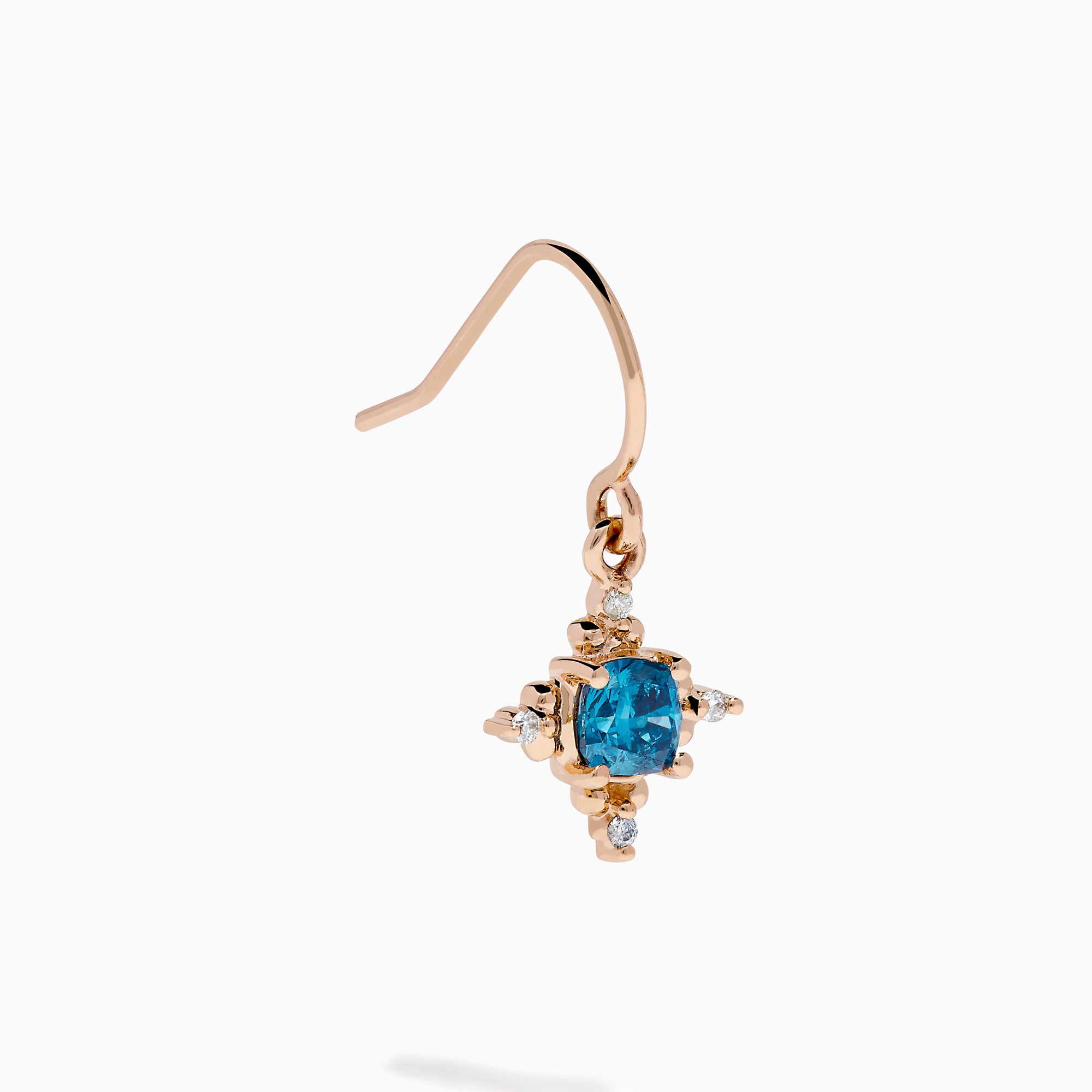 The Bella Bleu 14K Rose Gold Blue and White Diamond Earrings feature round blue gemstones at the center, accented by small white diamonds and gold detailing, beautifully showcased against a white background.