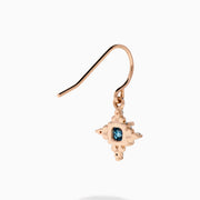 The Bella Bleu 14K Rose Gold Blue and White Diamond Earrings feature round blue gemstones at the center, accented by small white diamonds and gold detailing, beautifully showcased against a white background.