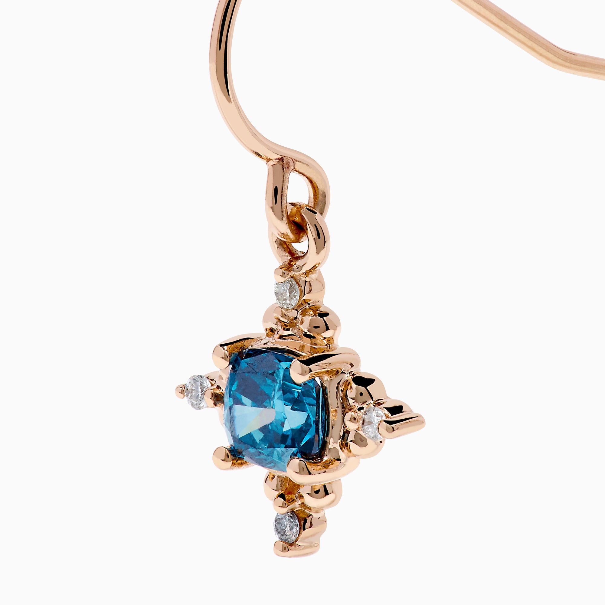 The Bella Bleu 14K Rose Gold Blue and White Diamond Earrings feature round blue gemstones at the center, accented by small white diamonds and gold detailing, beautifully showcased against a white background.