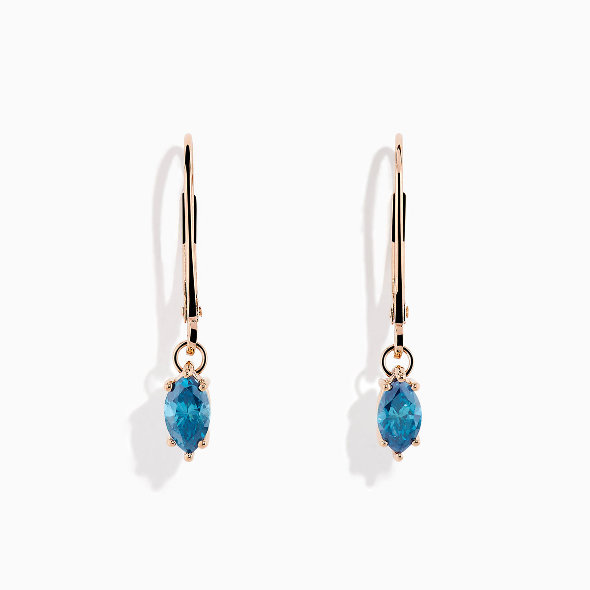 Introducing the Bella Bleu 14K Rose Gold Blue Diamond Drop Earrings, featuring marquise-cut blue diamonds and shown against a white background.