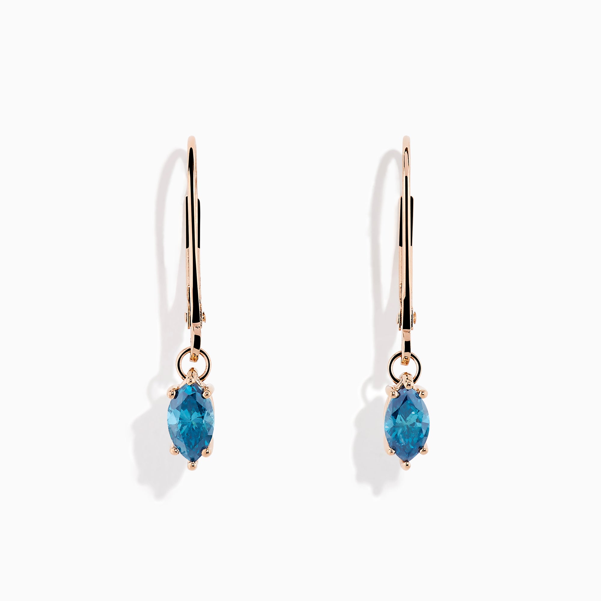 Introducing the Bella Bleu 14K Rose Gold Blue Diamond Drop Earrings, featuring marquise-cut blue diamonds and shown against a white background.