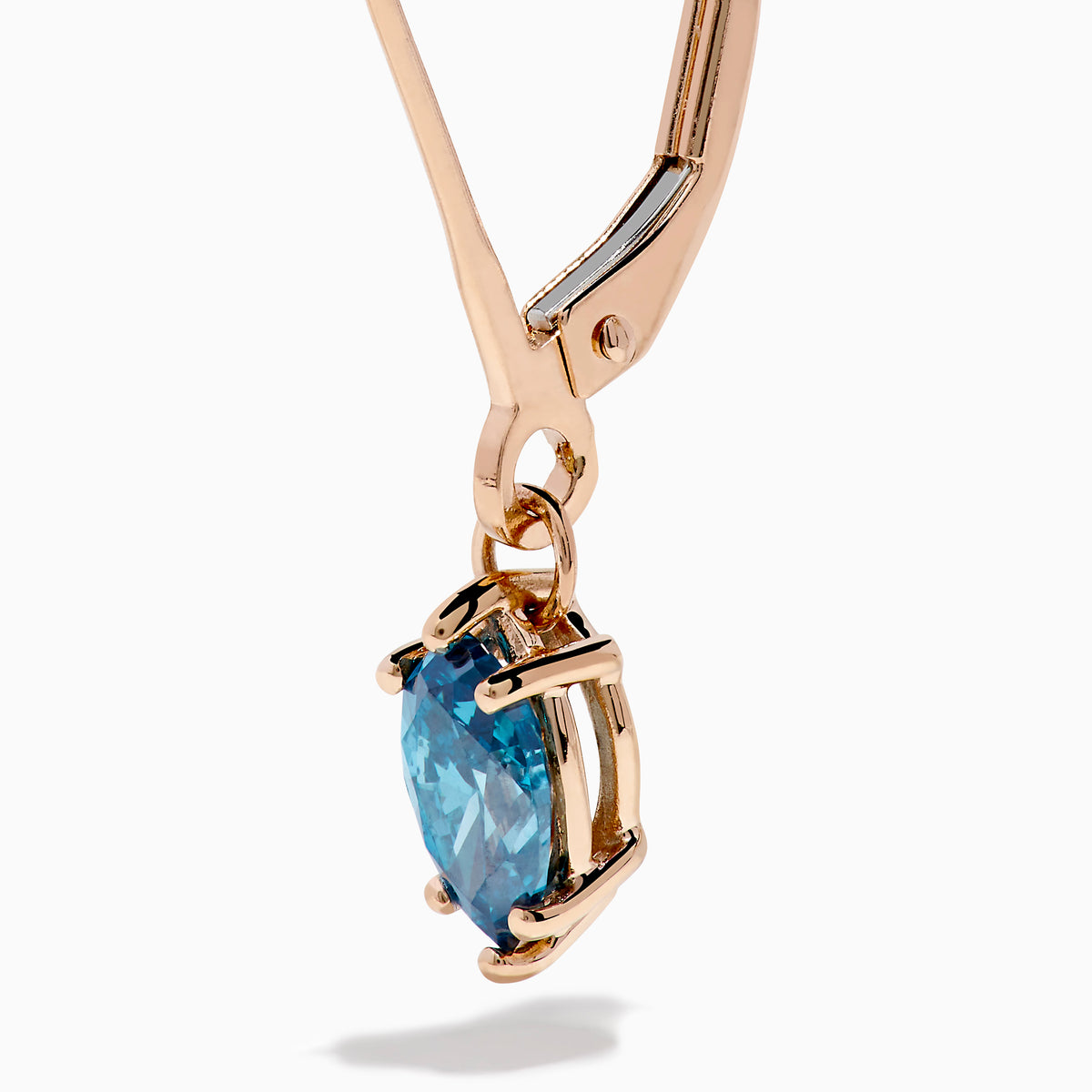 Introducing the Bella Bleu 14K Rose Gold Blue Diamond Drop Earrings, featuring marquise-cut blue diamonds and shown against a white background.
