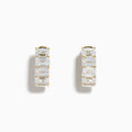 Lab Grown Emerald Cut Diamond Mini Hoop Earrings in 14K Yellow Gold, each featuring five emerald cut diamonds set in a row, are displayed against a white background.