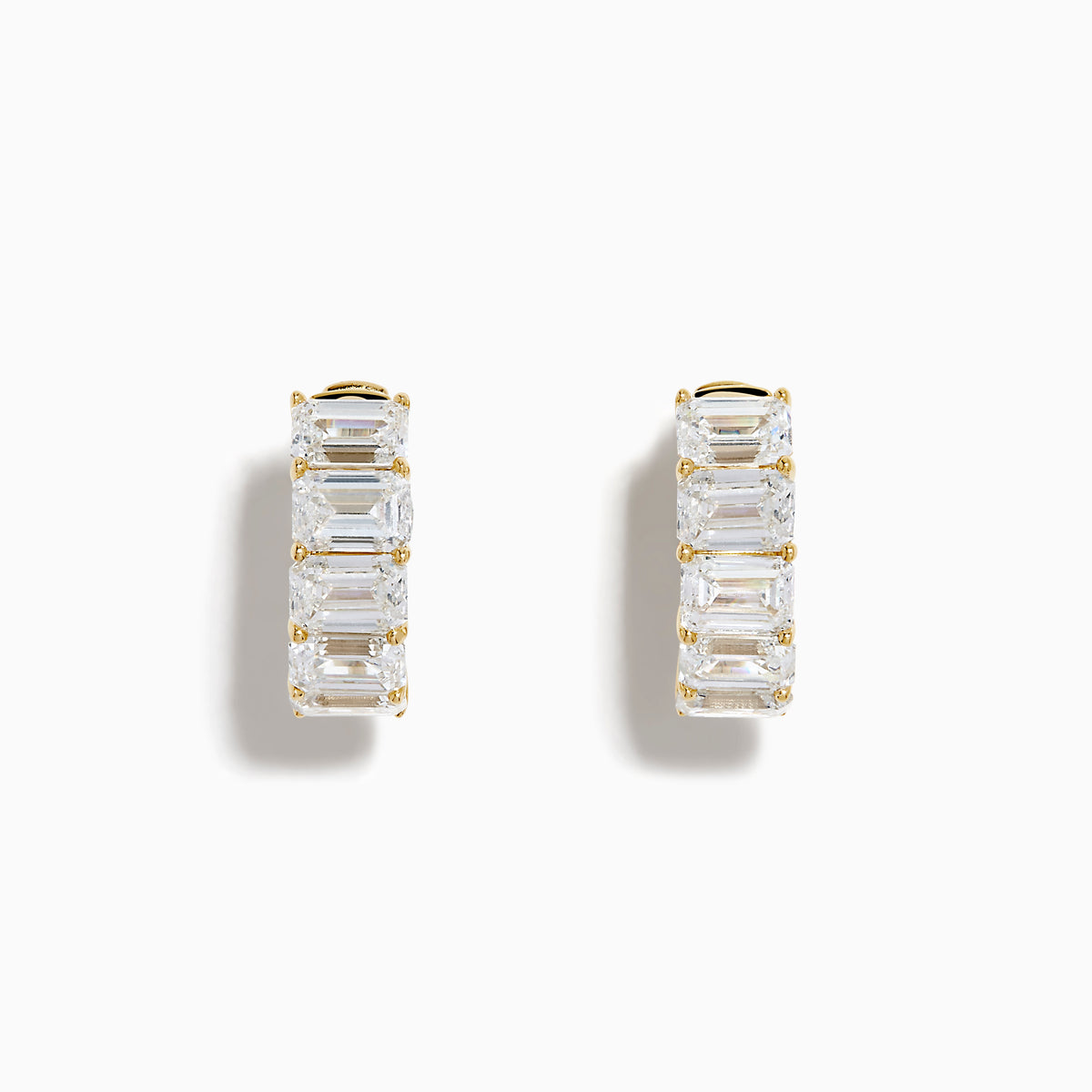 Lab Grown Emerald Cut Diamond Mini Hoop Earrings in 14K Yellow Gold, each featuring five emerald cut diamonds set in a row, are displayed against a white background.