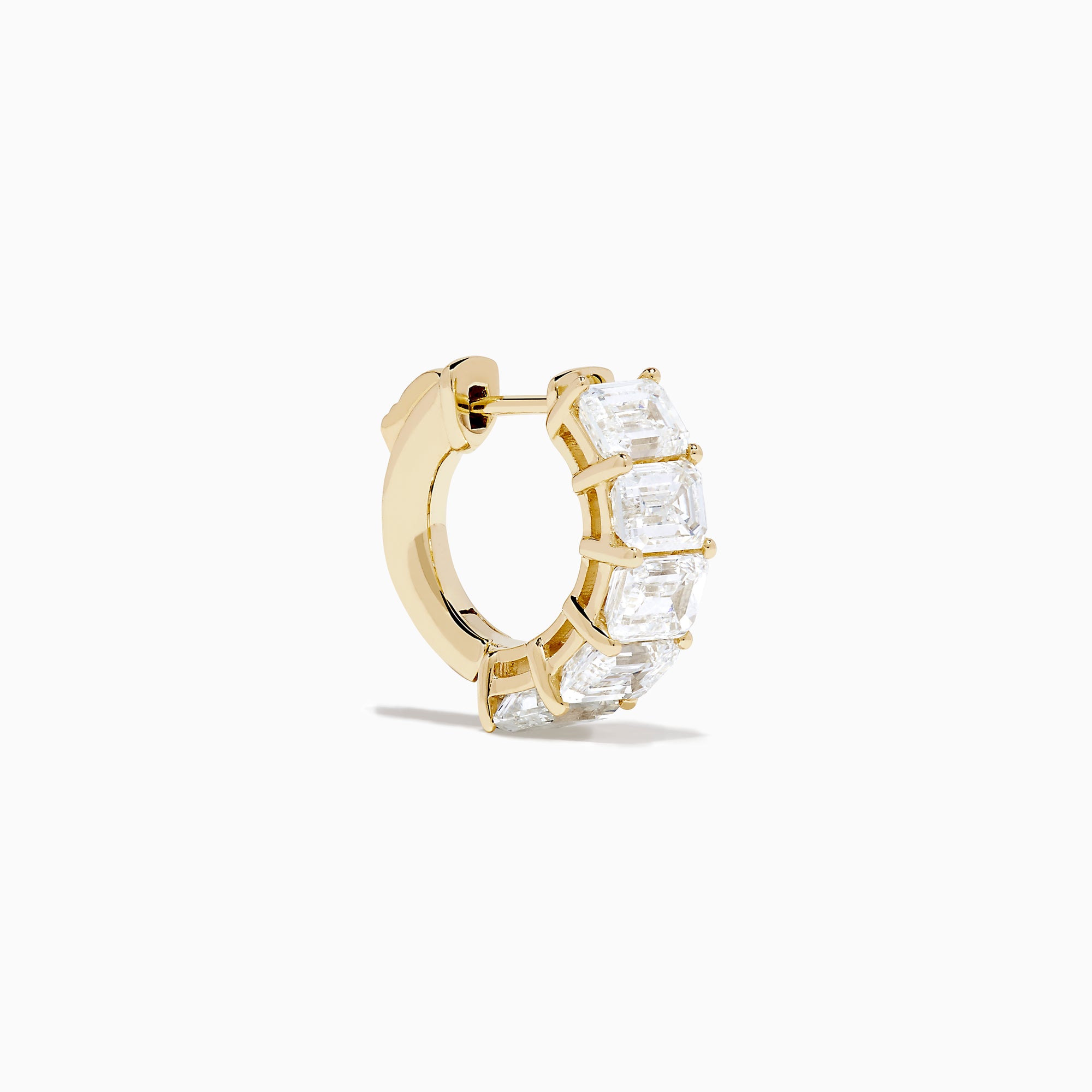 Lab Grown Emerald Cut Diamond Mini Hoop Earrings in 14K Yellow Gold, each featuring five emerald cut diamonds set in a row, are displayed against a white background.