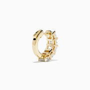Lab Grown Emerald Cut Diamond Mini Hoop Earrings in 14K Yellow Gold, each featuring five emerald cut diamonds set in a row, are displayed against a white background.