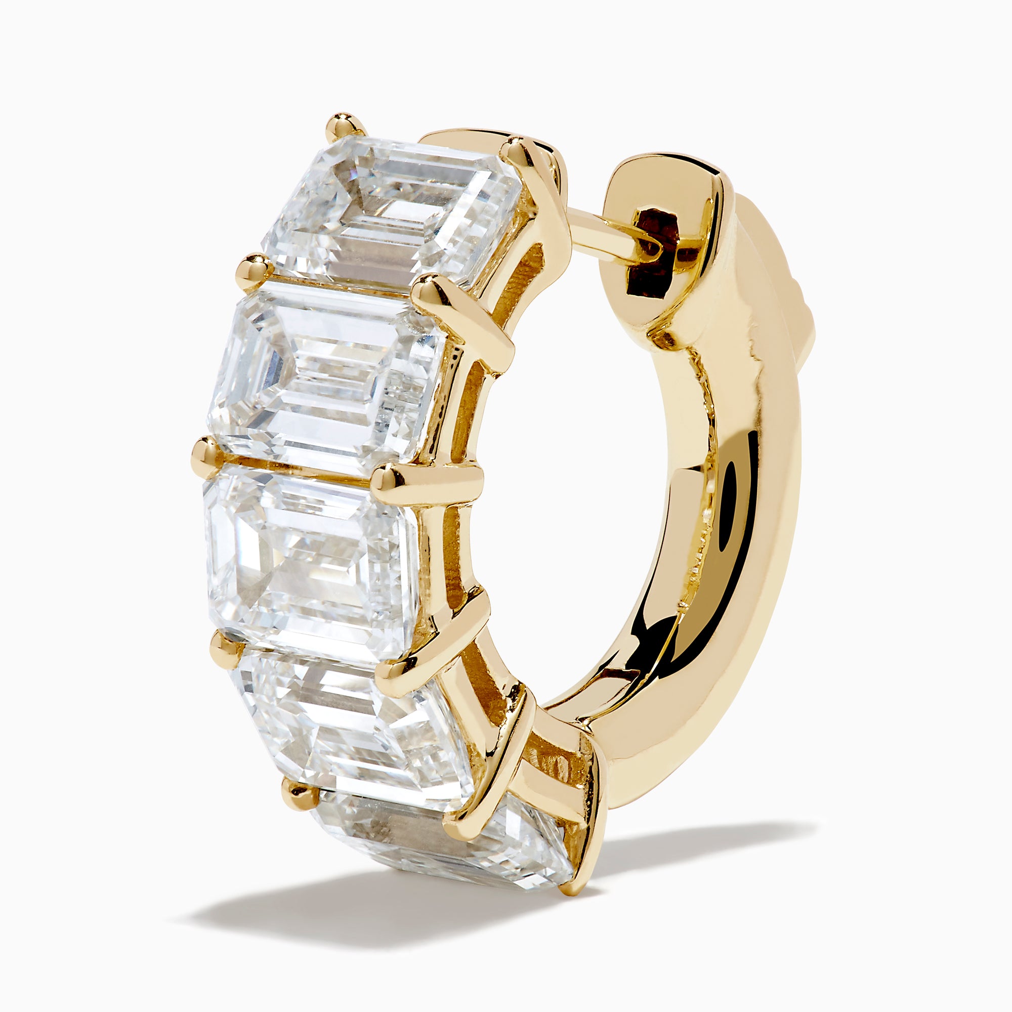 Lab Grown Emerald Cut Diamond Mini Hoop Earrings in 14K Yellow Gold, each featuring five emerald cut diamonds set in a row, are displayed against a white background.