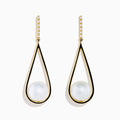 The 14K Yellow Gold Fresh Water Pearl and Diamond Drop Earrings feature teardrop-shaped open frames with a white pearl at the bottom and sparkling diamonds along the hooks for an elegant look.