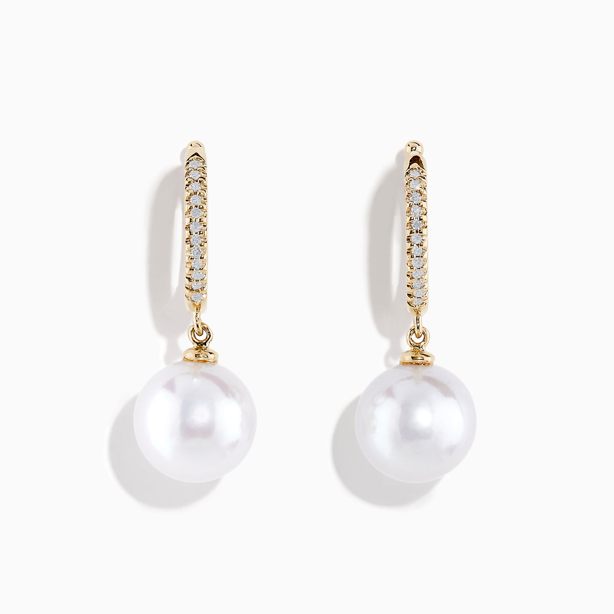 14K Yellow Gold Diamond, Fresh Water Pearl Earrings shown on a plain white background; each hoop is set with small clear diamonds and features a large freshwater pearl drop.