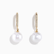 14K Yellow Gold Diamond, Fresh Water Pearl Earrings shown on a plain white background; each hoop is set with small clear diamonds and features a large freshwater pearl drop.