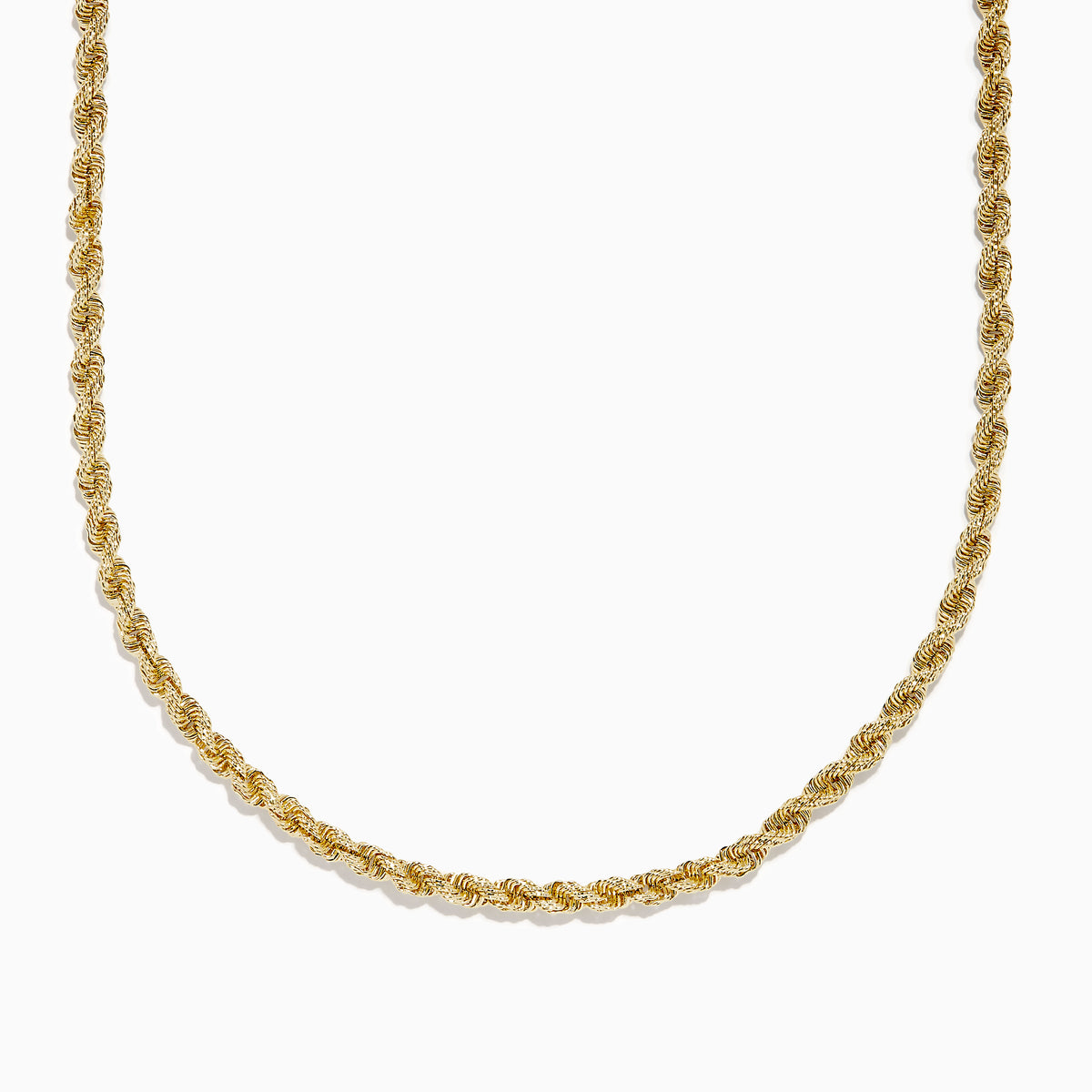 The 14K Yellow Gold 4mm Hollow Spiral Rope 22 Necklace is shown against a white background, highlighting its twisted, textured design and elegant length.