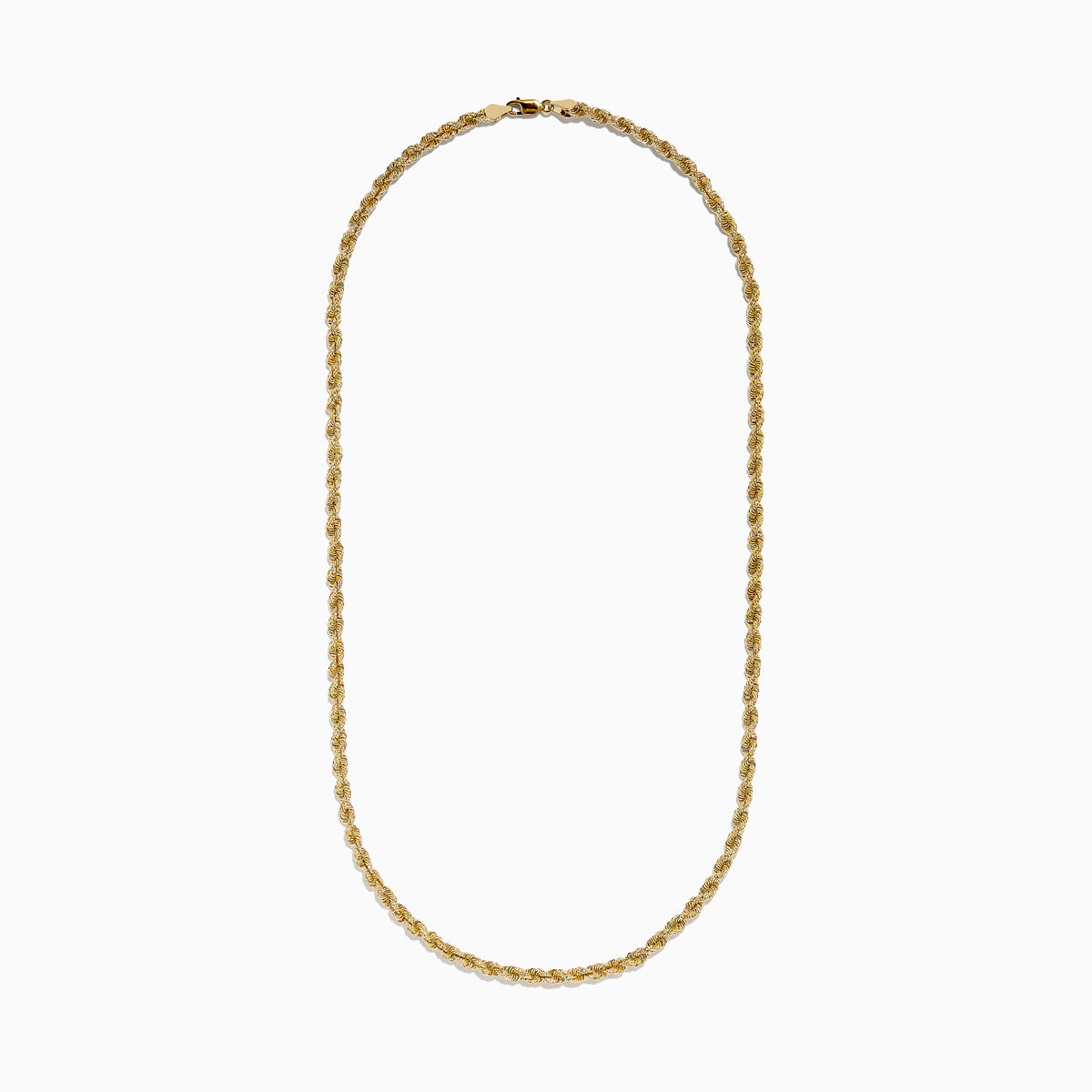 The 14K Yellow Gold 4mm Hollow Spiral Rope 22 Necklace is shown against a white background, highlighting its twisted, textured design and elegant length.