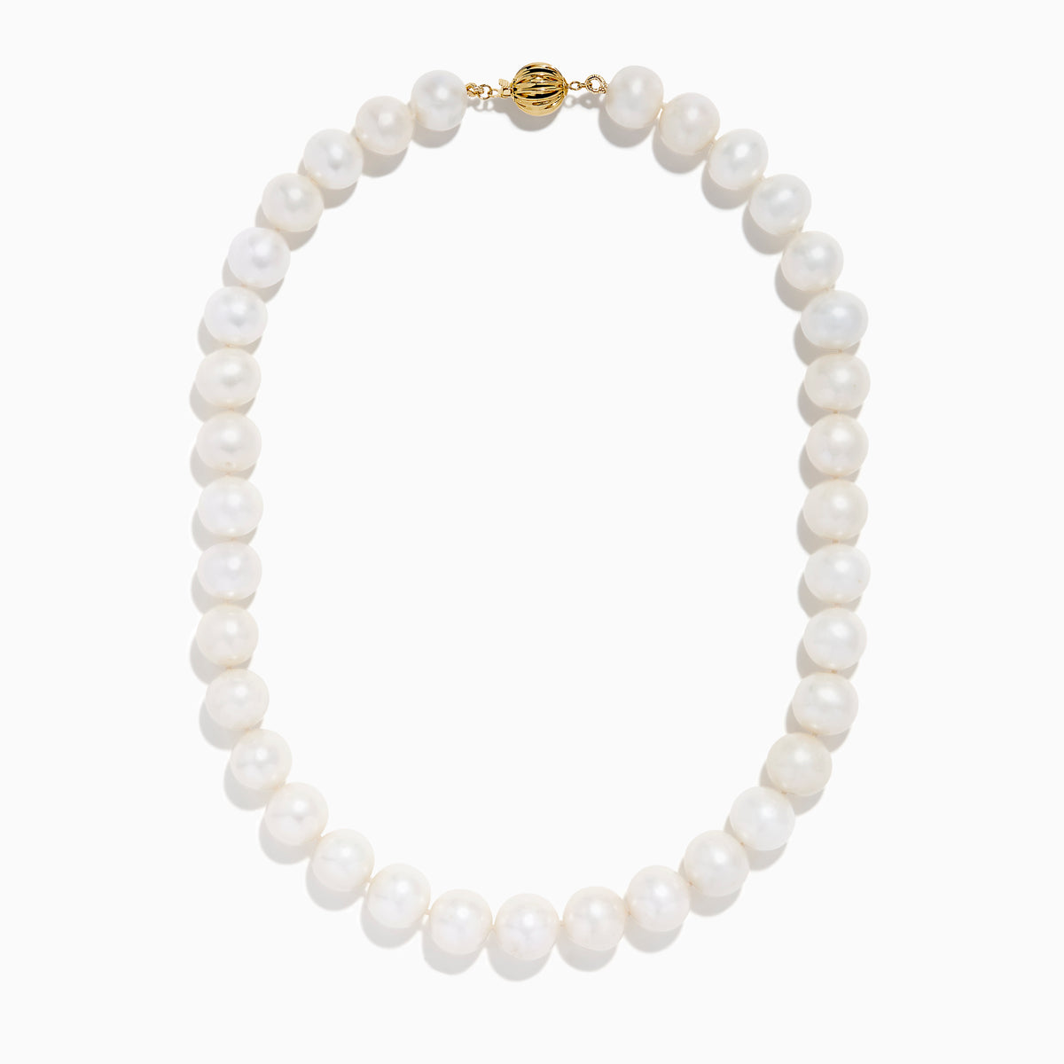 A close-up of the 14K Yellow Gold Fresh Water Pearl Necklace shows large, round freshwater pearls strung on 14K yellow gold, beautifully curved against a plain white background.
