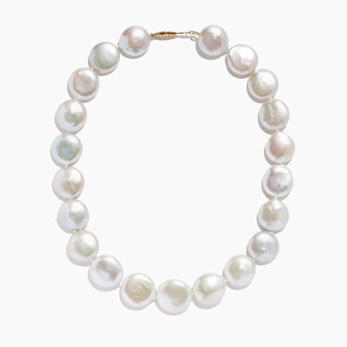 A close-up of the 14K Yellow Gold Freshwater Coin Shape Pearl Necklace, showcasing round, iridescent pearls in a partial semicircle on a white background.