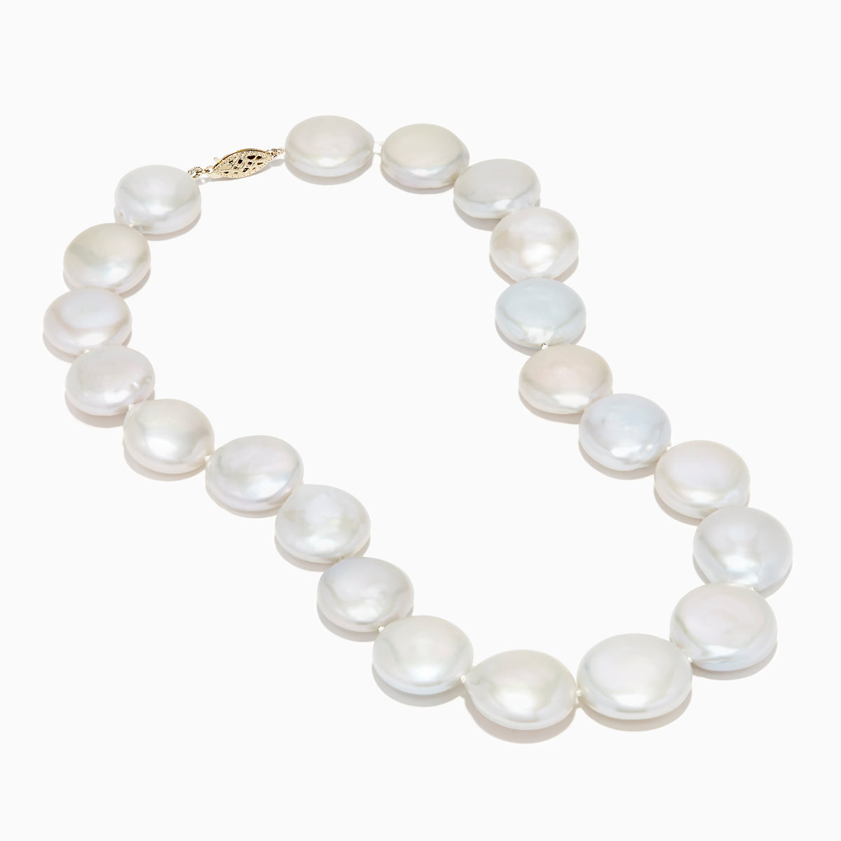 A close-up of the 14K Yellow Gold Freshwater Coin Shape Pearl Necklace, showcasing round, iridescent pearls in a partial semicircle on a white background.