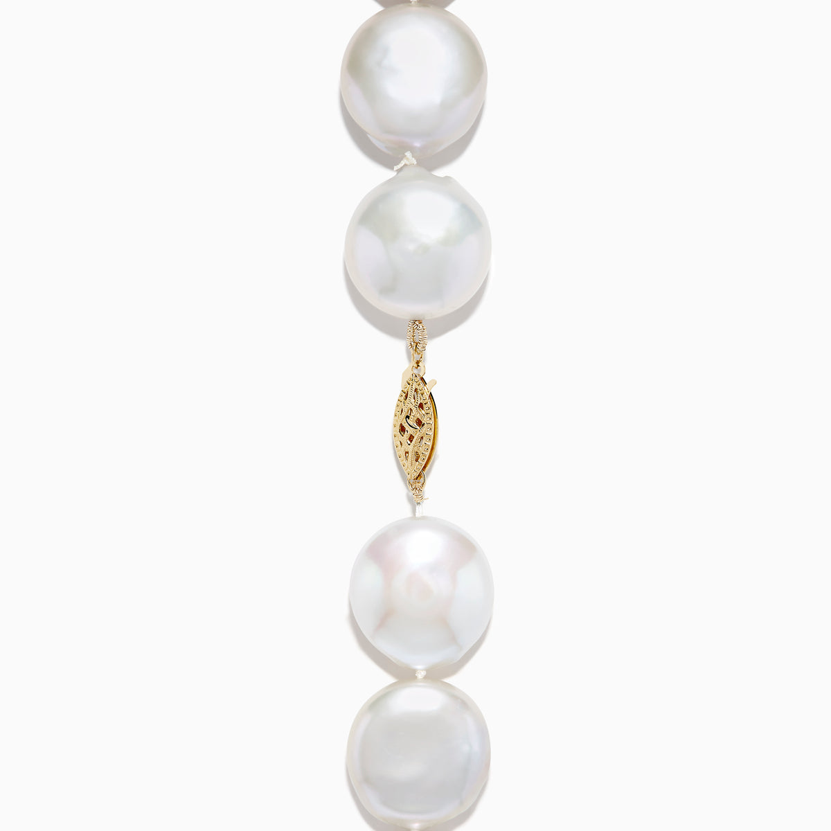 A close-up of the 14K Yellow Gold Freshwater Coin Shape Pearl Necklace, showcasing round, iridescent pearls in a partial semicircle on a white background.