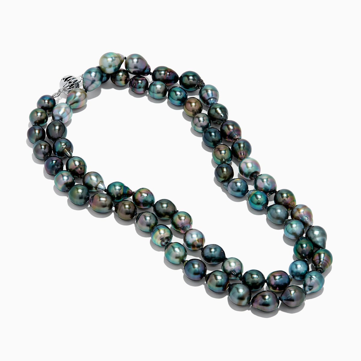 The 14K White Gold Tahitian Pearl Necklace showcases large, irregular multicolored Tahitian pearls strung elegantly together on a white gold chain.