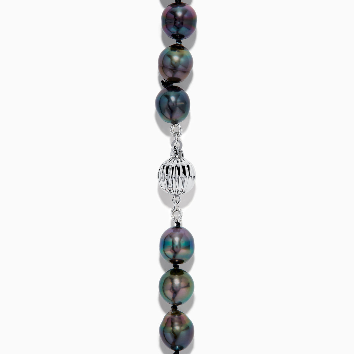 The 14K White Gold Tahitian Pearl Necklace showcases large, irregular multicolored Tahitian pearls strung elegantly together on a white gold chain.