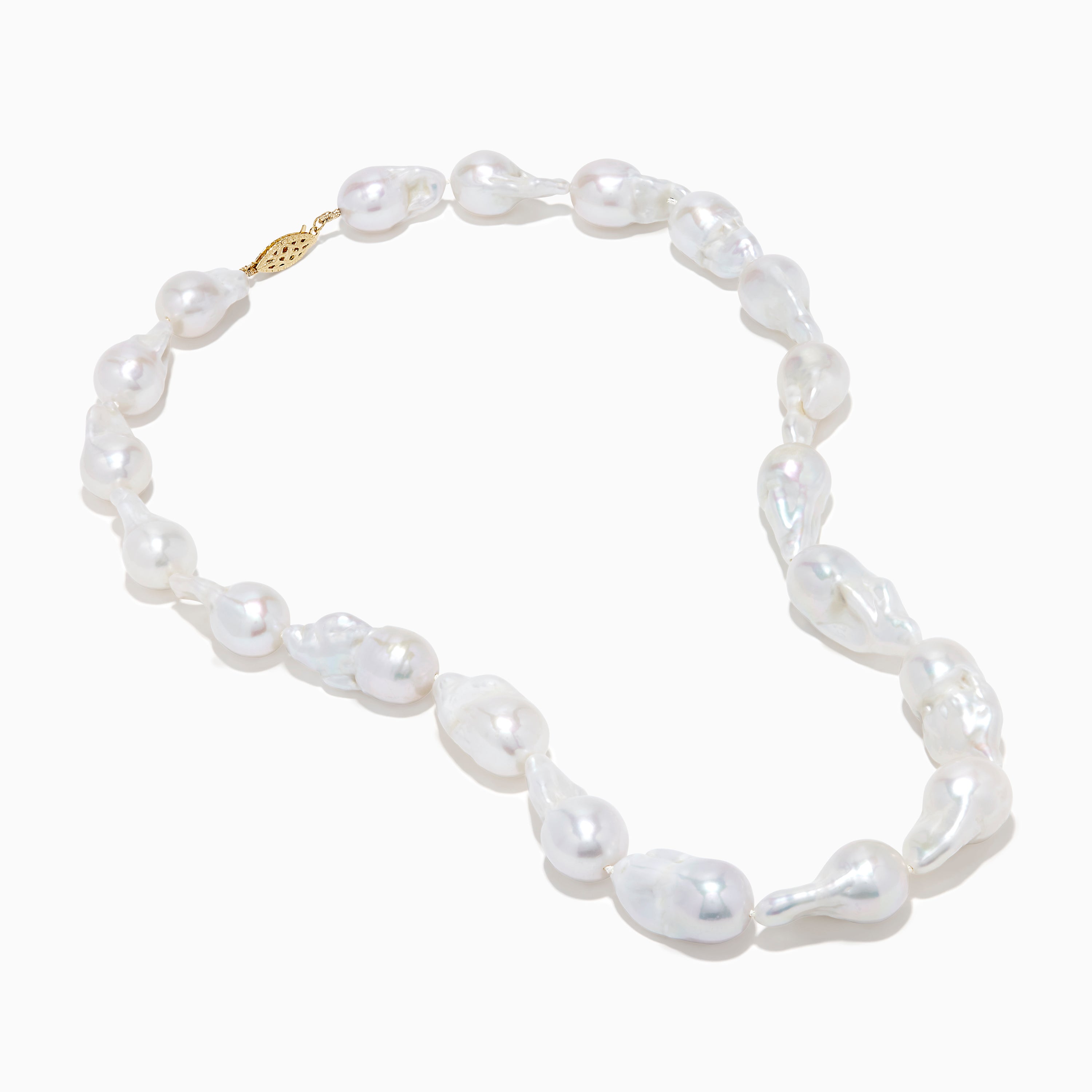 A close-up of the 14K Yellow Gold Freshwater Baroque Pearl Necklace featuring irregularly shaped white pearls and a 14K yellow gold clasp, set against a white background.