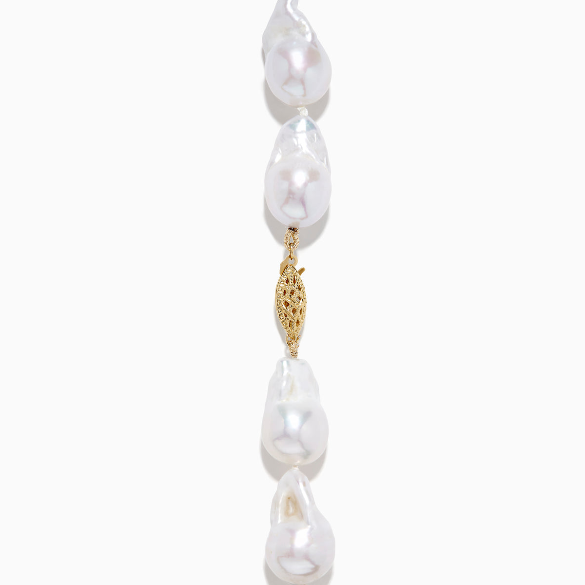 A close-up of the 14K Yellow Gold Freshwater Baroque Pearl Necklace featuring irregularly shaped white pearls and a 14K yellow gold clasp, set against a white background.