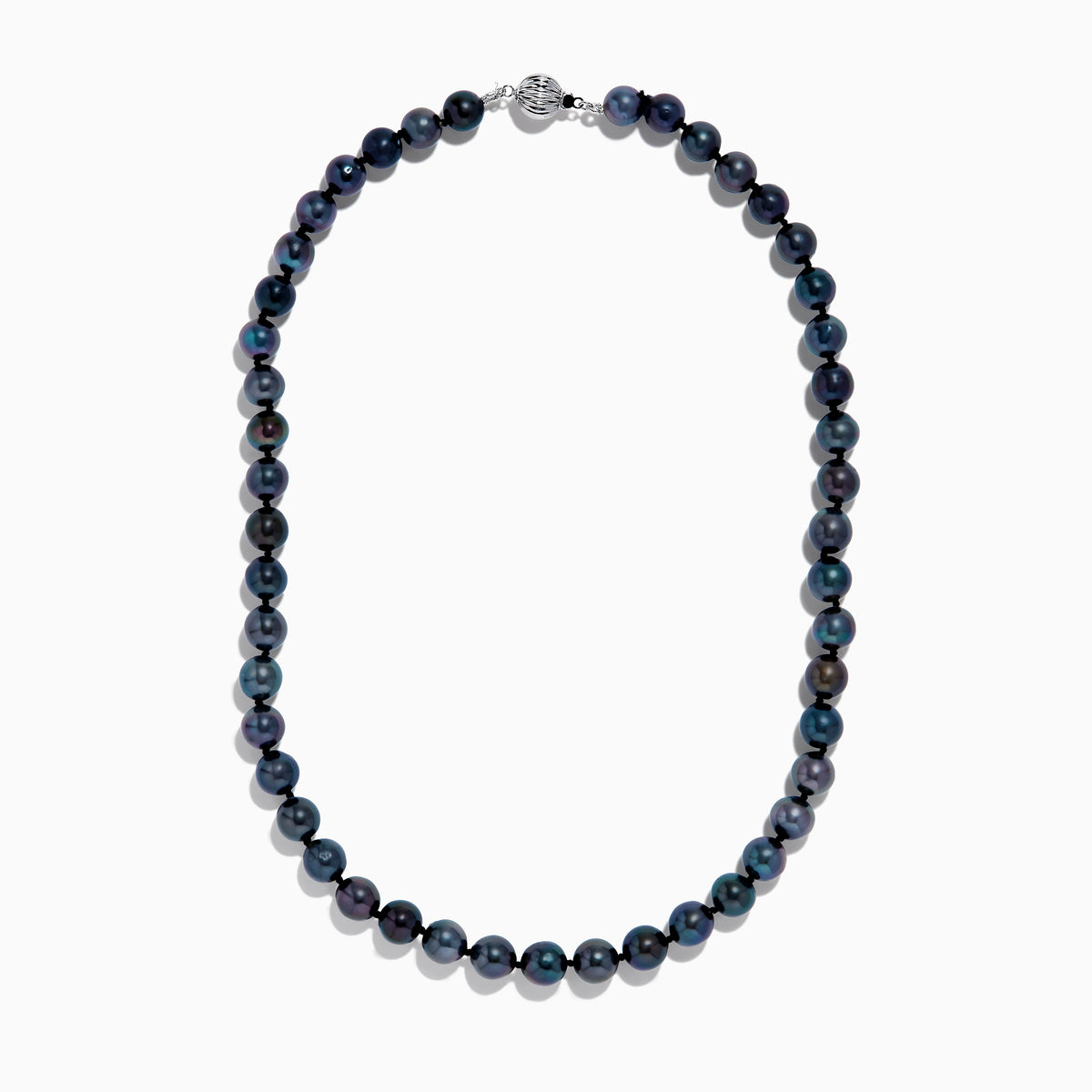 Close-up of the lower half of a 14K White Gold Tahitian Pearl Necklace, featuring round, dark pearls against a white background.