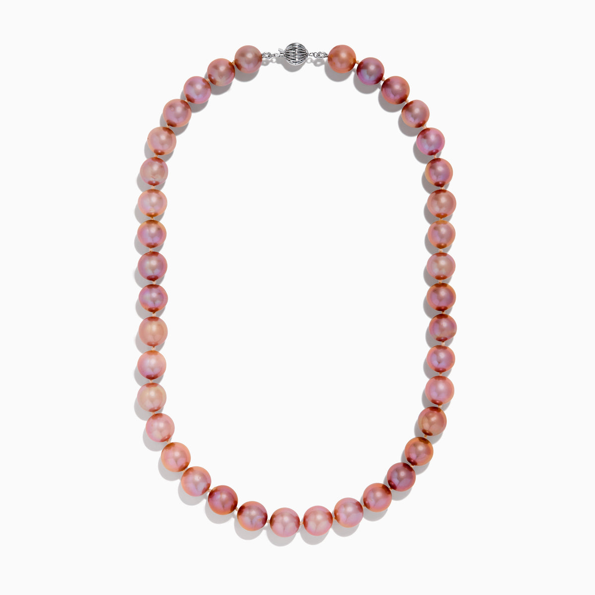 The 14K White Gold Lilac Fresh Water Pearl Necklace features round, shiny lilac pearls in a single strand with a 14K white gold clasp, displayed on a white background.