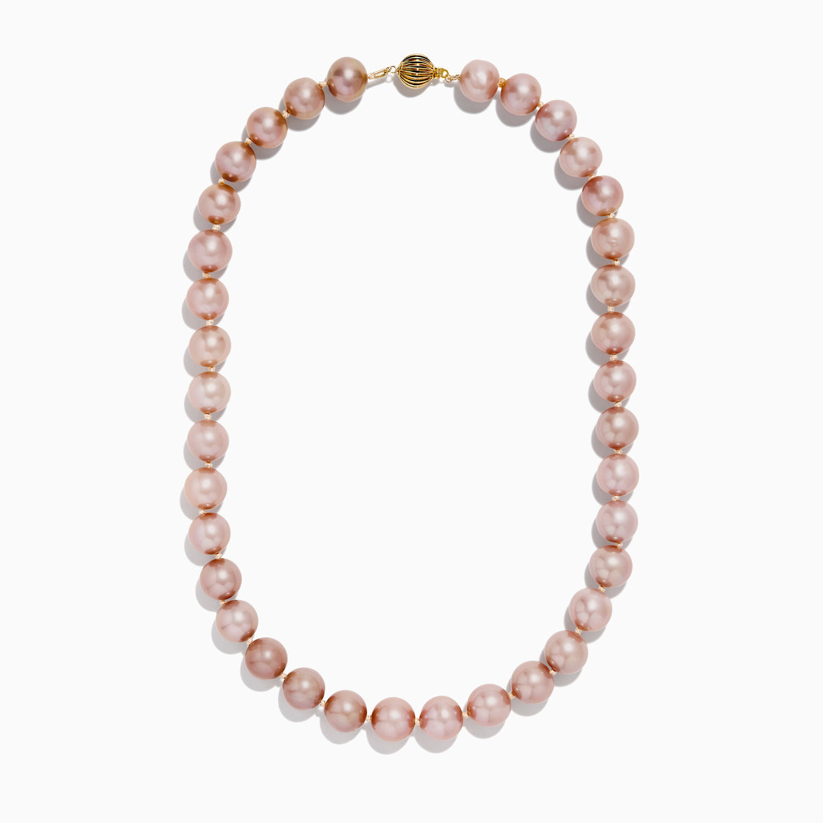 A close-up of the 14K Yellow Gold Freshwater Lilac Pearl Necklace highlights its round, glossy lilac pearls elegantly strung together in a gentle curve against a white background.
